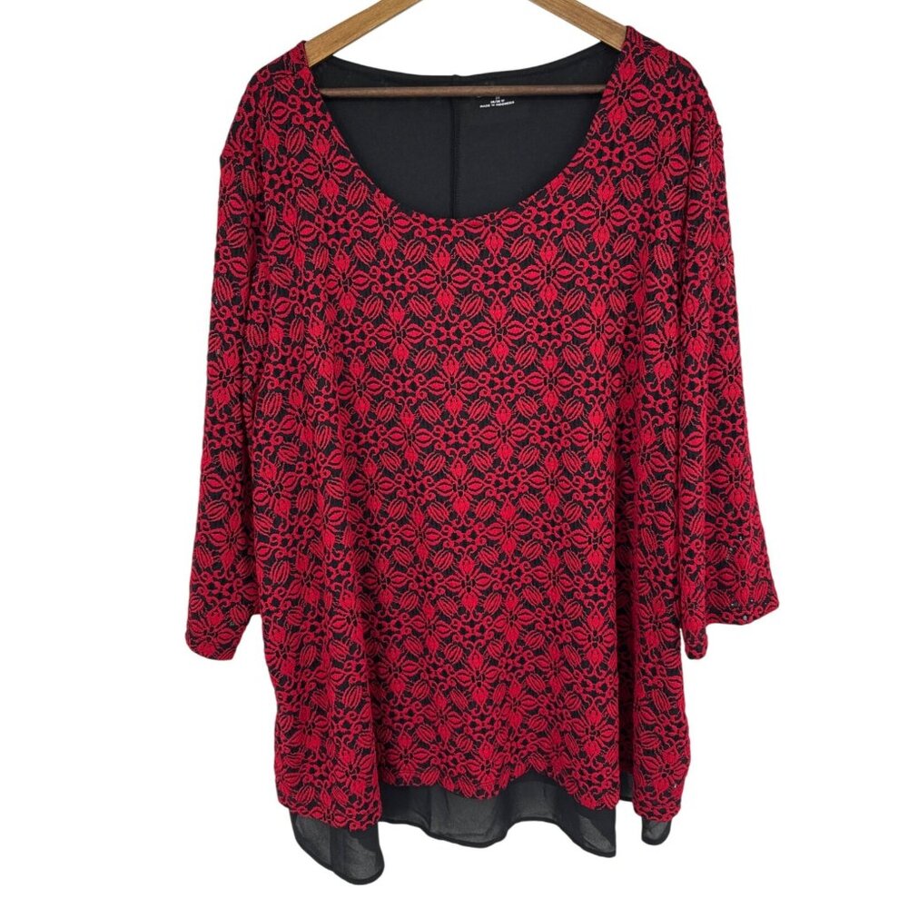 Catherines Womens Red & Black Lace Overlay Tunic Top With Sheer Hemline Size 3X